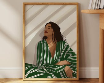 May include: A woman with long dark hair is wearing a green and white striped dress. She is sitting with her eyes closed and her head tilted back, as if she is relaxing. The background is a light beige with white stripes.