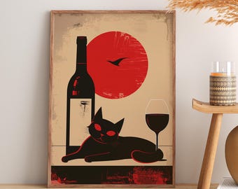Japanse zwarte kattenwijnposter | Wine Cat-kunstwerk | Eigentijdse kattenposter | Moderne kattenkunst uit het midden van de eeuw | Japanse wijnkat | Decoratie barwagen