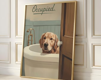 Funny Golden Retriever Bathroom Print | Dog Bathtub Painting | Animal Bathroom Art | Funny Wet Dog Portrait | Funky Wallpaper for Bathroom