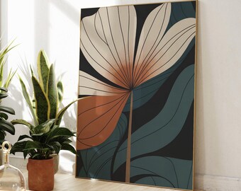 Abstract Botanical Wall Art | Mid Century Floral Print | Terracotta Flower Decor | Teal Botanical Poster | Modern Retro Flower Art