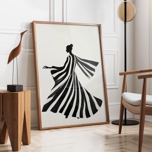 Modern Dance Art | Black and White Striped Dress| Line Art Ballerina | Elegant Minimalist Wall Decor | Monochrome ArtWork | Fast Shipping