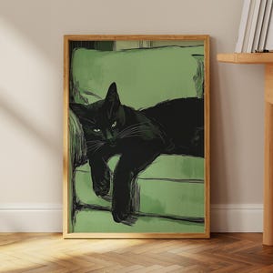 Emerald Green Sleeping Black Cat | Cozy Cat Wall Art | Contemporary Artwork | Black Cat Art | Cute Black Cat Lover Gift | Digital Download