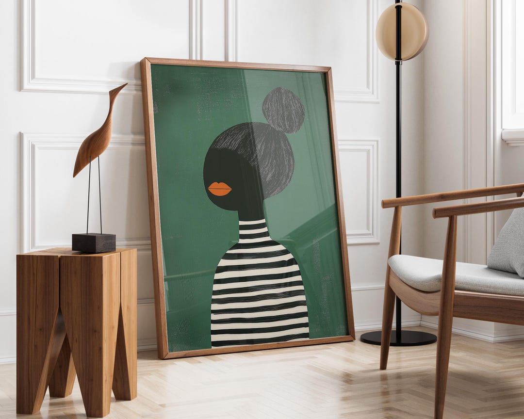 Emerald Green Abstract People Large Wall Art| Stripe Afro Woman ...