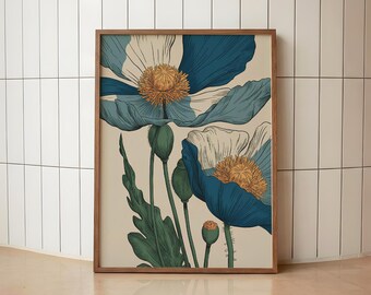Blue Poppy Botanical Print | Vintage Floral Wall Art | Retro Poppy Flower Poster | Navy Botanical Home Decor | Orange Poppy Art Print