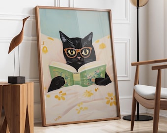 Bookworm Cat | Cozy Cat Wall Art | Contemporary Artwork | Reading Book Cat | Cute Cat Poster | Cat Lover Gift | Book Nook | Fast Shipping
