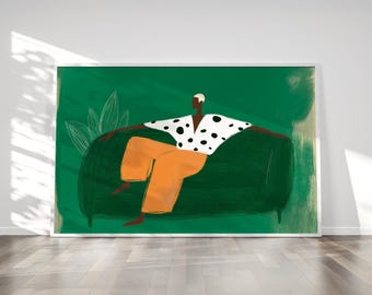 Green & Yellow Abstract People Large Wall Art  | Contemporary Black Male | Abstract French Man | Stripe Afrocentric Man | Masculine Art