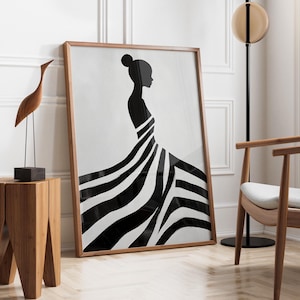 Electric Afro Woman | Contemporary Artwork | Stripe Afro Woman | Nordic Minimalist Print | Cobalt Stripe Female Decor | Fast Shipping