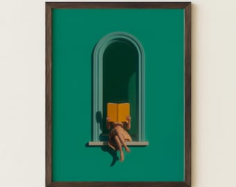 Emerald Green Reading Wall Art Print | Woman Reading Library Decor | Book Lover Gift Print | Minimalist Bedroom Dopamine Decor | Cozy Nook