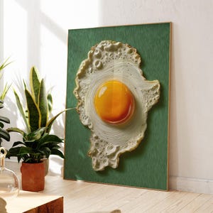 May include: A framed artwork showing a detailed, three-dimensional depiction of a fried egg. The egg's yolk is a bright orange, surrounded by a textured white egg white. The artwork is mounted on a green background with a wooden frame, creating a striking visual.