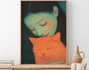 Emerald Green Abstract People Art | Cozy Cat Lover Art | Contemporary Cat Artwork | Modern Cat Art | Decorative Cat Print | Fast Shipping