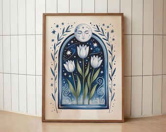 Celestial Tulip Wall Art | Moon Garden Art Print | Mystical Floral Arch Poster | Blue Botanical Home Decor | Folk Moon Flower Print