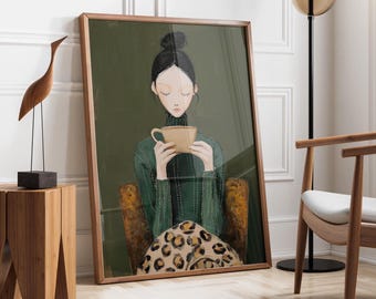 Emerald Green Abstract People Wall Art | Stripe Coffee and Woman | Coffee Lover Gift | Contemporary Artwork | Minimalist Coffe and Woman
