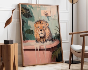 Lion in Bathub | Funny Bathroom Decor | Toilet Wall Art  | Maximalist Lion Art | Eclectic Bathroom Art | Lion Lover Gift |  Fast Shipping