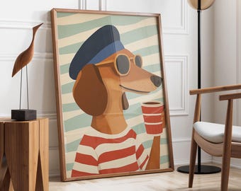 May include: A cartoon illustration of a dachshund wearing a blue beret and sunglasses, holding a red cup. The background is a blue and white striped pattern.