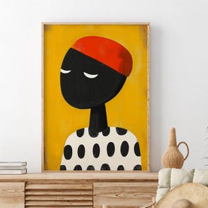May include: A framed illustration of a person with a black face, red hat, and white shirt with black polka dots against a yellow background.