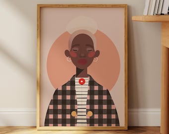 Abstract Black Woman Art | Elegant Female Art | Stripe Afro Woman | Contemporary Artwork | Modern Afrocentric | Black Girl Fast Shipping