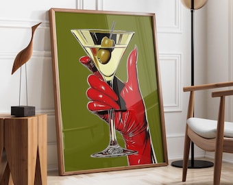 Martini Glass Poster | Modern Feminine Wall Art | Dirty Martini Art | Retro Cocktail Decor | Modern Bar Cart Decor | Stylish Kitchen Decor