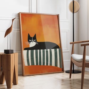 Black Cat in Striped Blanket | Cozy Cat Wall Art | Contemporary Cat Poster | Black Cat Art | Cute Black Cat Lover Gift | Digital Download