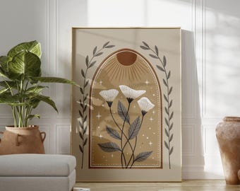 Folk Botanical Wall Art | Celestial Flower Art Print | Boho Floral Arch Poster | Neutral Botanical Home Decor | Cottagecore Floral Wall Art