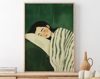 Emerald Green Abstract People Wall Art | Stripe Woman | Contemporary Artwork | Living Room Print | Minimalist Poster | Fast Shipping