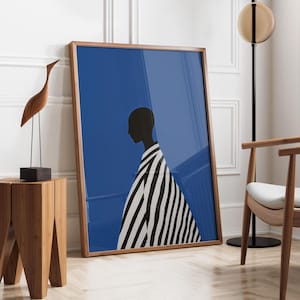 Electric Blue Abstract  Contemporary Artwork | Stripe Afro Woman | Nordic Minimalist Print | Cobalt Stripe Female Decor | Fast Shipping