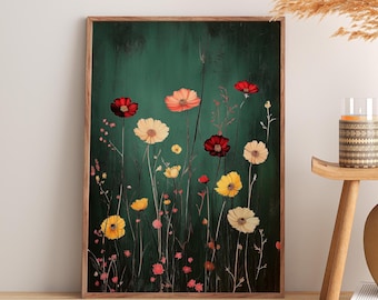 Moody Botanical Flower Field | Floral Wall Art | Mid-Century Floral Art | Contemporary Wildflower Decor | Dark Botanical | Fast Shipping