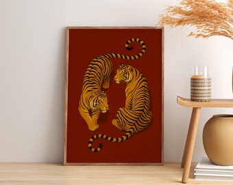 Vintage Tiger Wall Art | Tiger Pair Print | Retro Wildlife Poster | Burnt Orange Decor | Moody Jungle Art | Boho Tiger Print
