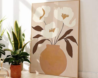 Minimal Poppies Painting | Modern Flower Vase Artwork | Terracotta Poppy Art | Contemporary Floral Decor | Boho Flower  | Fast Shipping