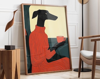 Abstract Greyhound Dog and Coffee Portrait | Cozy Pet Wall Art | Greyhound Poster | Dog Lover Gift | Cute Greyhound Poster | Fast Shipping