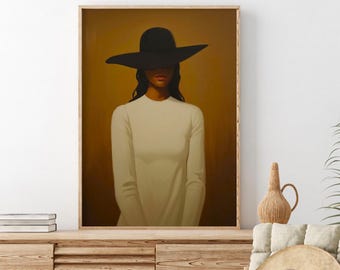 Minimalist Black Woman Portrait | Stylish Woman | Black Hat Fashion Art | Contemporary Black Woman | Modern Afrocentric | Moody Aesthetic