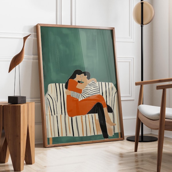 Couple rayé vert émeraude | Art mural abstrait couple | Oeuvre d'art contemporaine | Affiche minimaliste de couple | Impression cadeau couple, expédition rapide