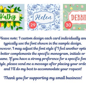 May include: Three custom design cards with names: Kathy, Helen, and Debbie. Kathy's card features lemons, Helen's has blue floral patterns, and Debbie's has a pink and green theme. The cards are numbered 28, 29, and 30, respectively. The text on the image says "Thank you for supporting my small business!"
