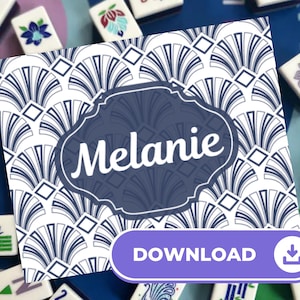 May include: A square, art deco-style design with the name "Melanie" in white script within a navy blue oval. The background features a repeating fan pattern in white and navy. The word "DOWNLOAD" is in a purple button.