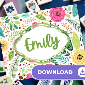 May include: A floral design card with the name "Emily" in green script, surrounded by a green border. The card features pink and yellow flowers, green leaves, and the word "DOWNLOAD" in a purple button.