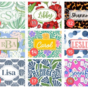 May include: A collection of personalized items featuring various patterns and names. Designs include floral, botanical, and abstract patterns. Names such as "Libby", "Shannon", "Carol", "Leslie", "Lisa", "Rebecca", and "Jennifer" are displayed on the items.