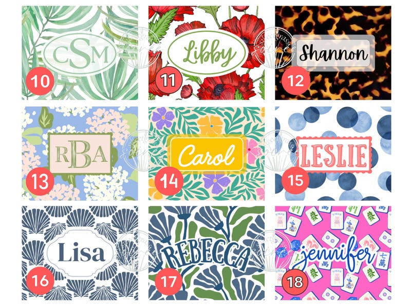 May include: A collection of personalized items featuring various patterns and names. Designs include floral, botanical, and abstract patterns. Names such as "Libby", "Shannon", "Carol", "Leslie", "Lisa", "Rebecca", and "Jennifer" are displayed on the items.