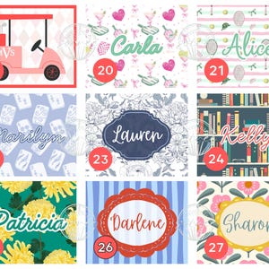 May include: A collection of personalized designs featuring names and various patterns. Designs include a golf cart, martini glasses, tennis rackets, books, floral arrangements, and more. Each design includes a name, such as "Carla", "Alice", and "Marilyn".