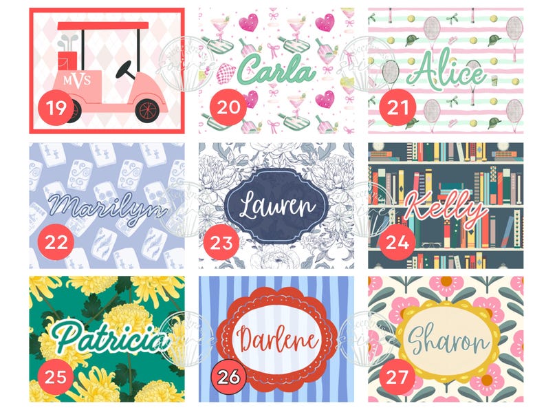 May include: A collection of personalized designs featuring names and various patterns. Designs include a golf cart, martini glasses, tennis rackets, books, floral arrangements, and more. Each design includes a name, such as "Carla", "Alice", and "Marilyn".