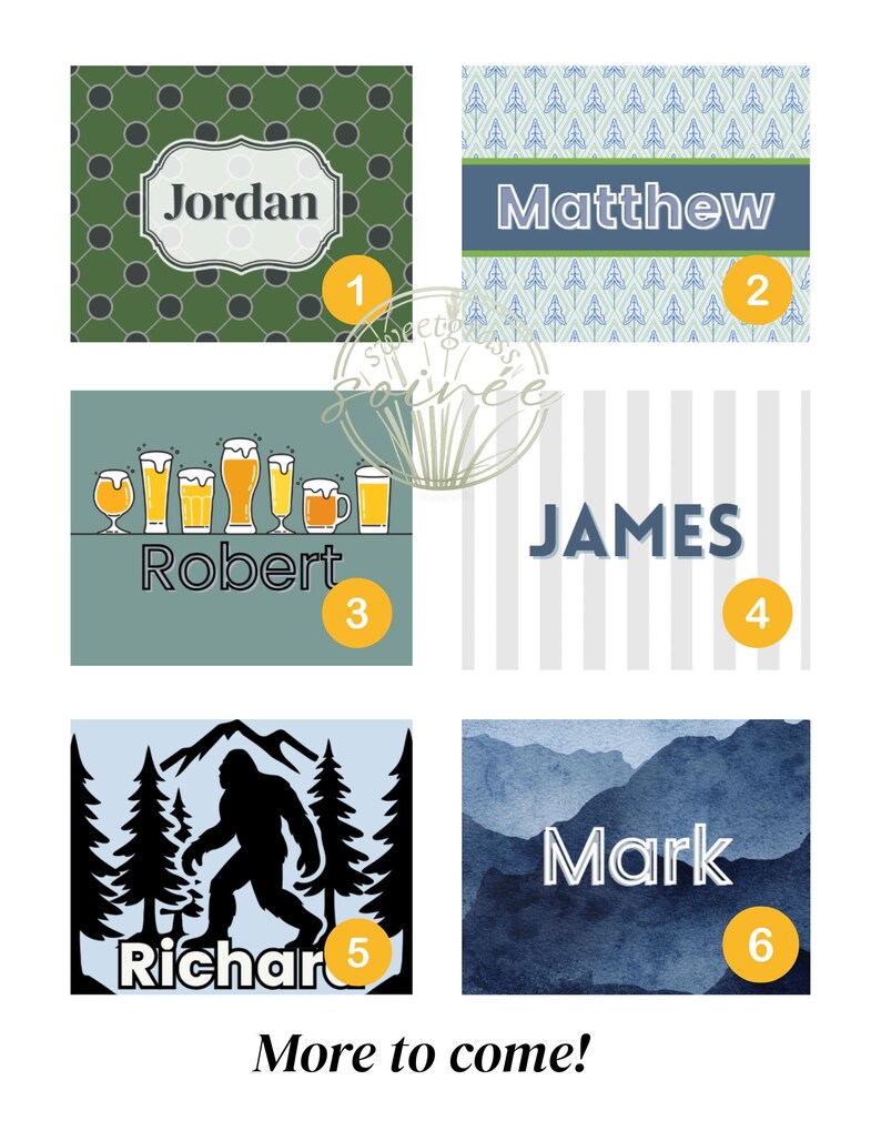 May include: A collection of personalized name designs. The designs include names like "Jordan," "Matthew," "Robert," "James," "Richard," and "Mark." Each design features a unique background pattern and font style, with a variety of colors.