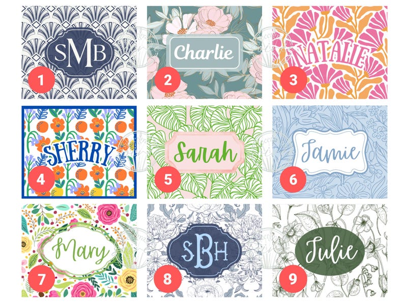 May include: Nine square designs with floral and geometric patterns. Each square features a name or initials in a decorative font. Colors include blue, pink, orange, green, and white. The names are: SMB, Charlie, Natalie, Sherry, Sarah, Jamie, Mary, SBH, and Julie.