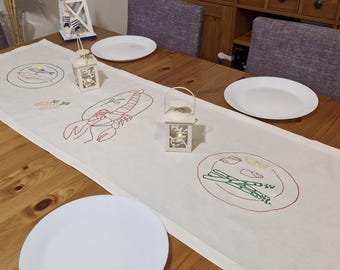 Hand-Embroidery Mediterrenian Beige Linen Table Runner with Plate,Seafood,Lobster,Asparagus,Oysters,Lemon,Fish,Carrot,Dinner with Fish,Gift