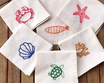 Hand Embroidered Linen Napkin Set, Sea Creatures, Coastal Table Decor