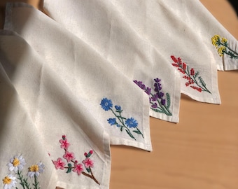 Hand Embroidered Linen Napkins, Wildflower Spring Table Decor, Set of 6