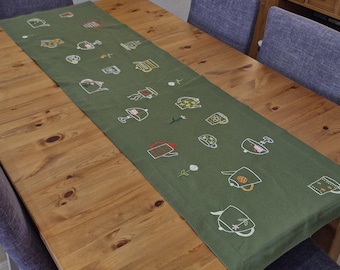 Embroidered Tea Time Table Runner, Green Cotton-Linen, 18x59 inches