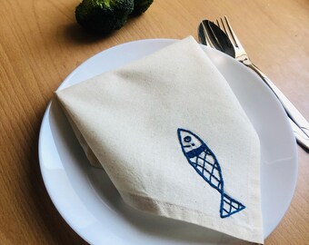 Embroidered Linen Dinner Napkin with Fish, Mediterranean Table Decor