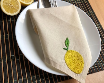Embroidered Linen Napkin with Lemon, Farmhouse Decor