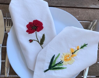 Hand Embroidered Linen Napkin, Gladiolus and Poppy Floral, Personalized Dinner Napkin