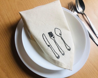 Embroidered Linen Dinner Napkin Set, Handmade Cutlery Design