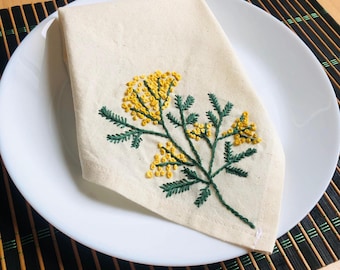 Embroidered Mimosa Linen Napkin, Floral Dinner Decor