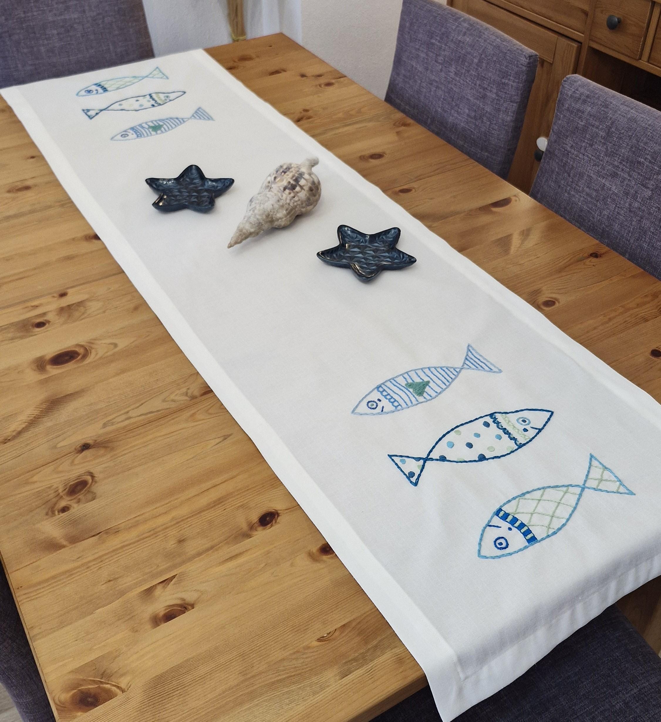 Linen Table Runner with Sea Fish Embroidered,Beige Tablecloth,Embroidered Runner,Fish Embroidery Design,Mediterranean Cloth Table Runner